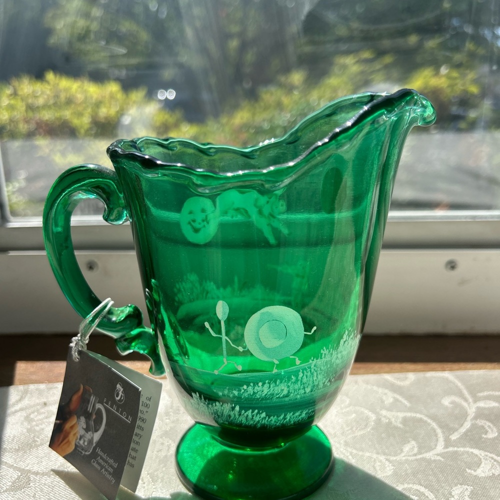 Green Glass Pitcher with Etched Design